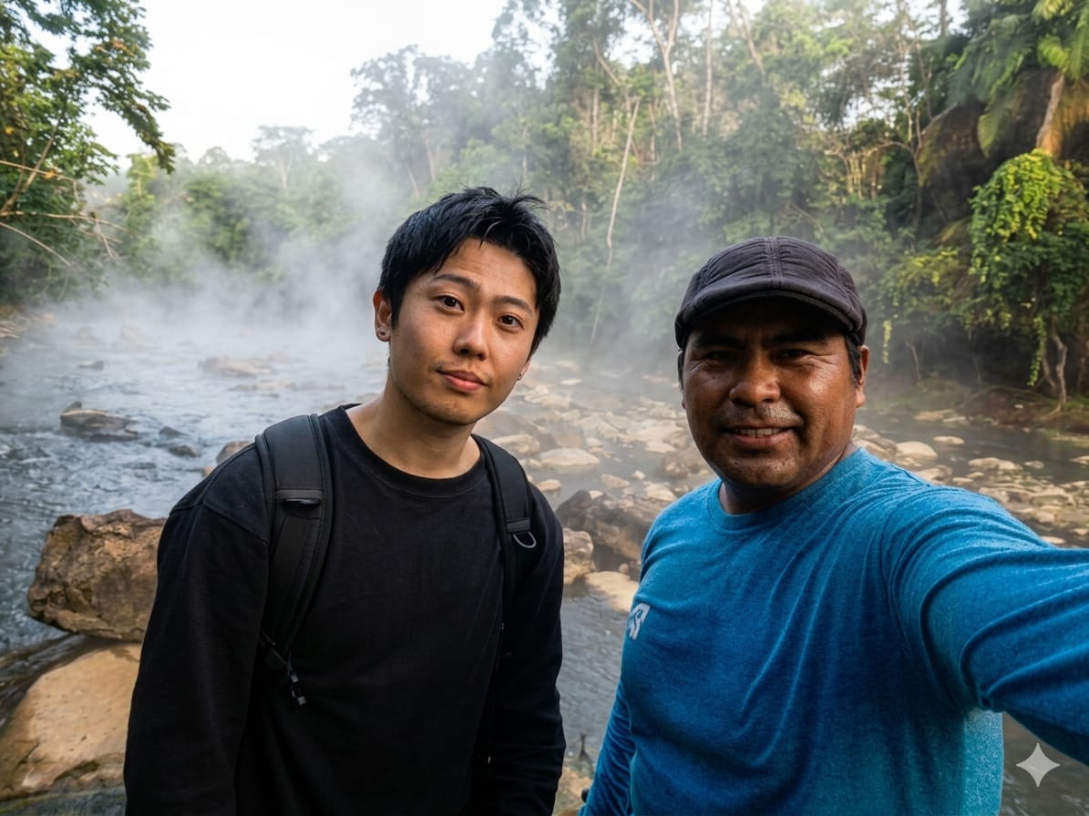 Nos visita des Japón.  Viajeros extremos visitando el rio hirviente